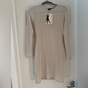 Naked Wardrobe Mesh Net Long Sleeve Mini Dress Bodycon in White Nude